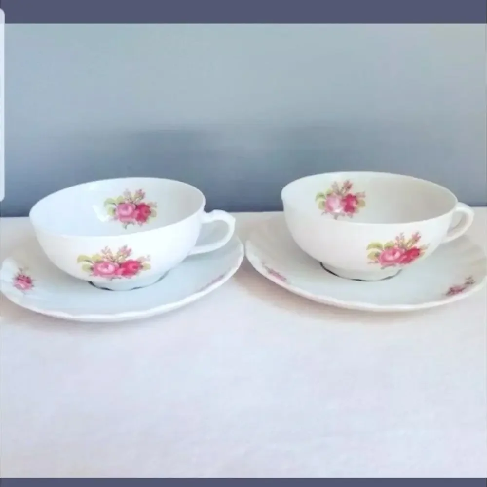 2 Vtg Seltmann Weiden Bavarian China Tea Cups & Saucer Rose Flower Cup